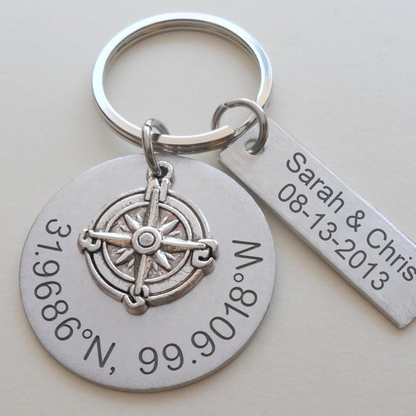 Compass Keychain with Engraved Aluminum Disc & Tag, Gift for Couples, Husband Wife Boyfriend Girlfriend, Coordinates Latitude Longitude, GPS