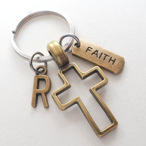 Bronze Cross Keychain, Religious Keychain, Christian Keychain, Belief Keychain, Faith Keychain, Memorial Keychain, Add Letter Charm