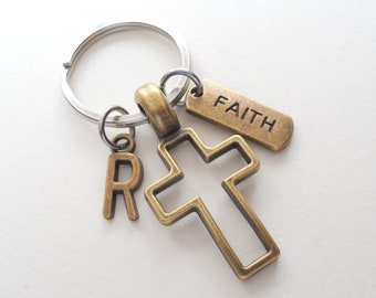 Bronze Cross Keychain, Religious Keychain, Christian Keychain, Belief Keychain, Faith Keychain, Memorial Keychain, Add Letter Charm