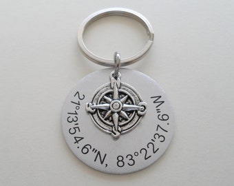 Anniversary Gift Keychain Custom Engraved Coordinates Keychain Aluminum Tag Special Occasion GPS Keychain with Compass Charm Anniversary Gift Keychain Custom Engraved Coordinates Keychain Aluminum Tag Special Occasion GPS Keychain with Compass Charm