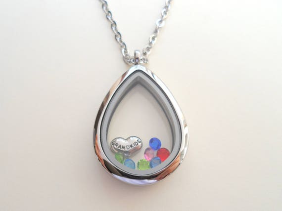 Floating Charm Locket Necklace, Birthstones Necklace, Mothers Necklace, Grandma Necklace, Memorial Gift, Personalized Steel Necklace Gift