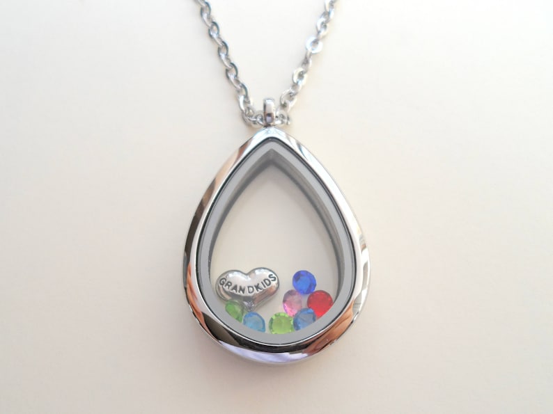 May include: Silver teardrop-shaped locket necklace with a clear glass insert. The locket contains a small heart charm with the inscription "Grandkids" and colorful rhinestones.
