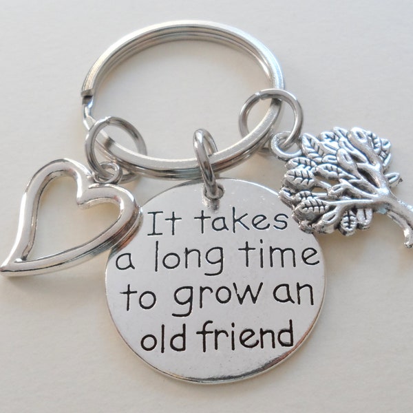 Old Friend Saying Charm Keychain with Tree and Heart Charm, Good Friend Key Ring, Best Friend Keychain, Friend Gift