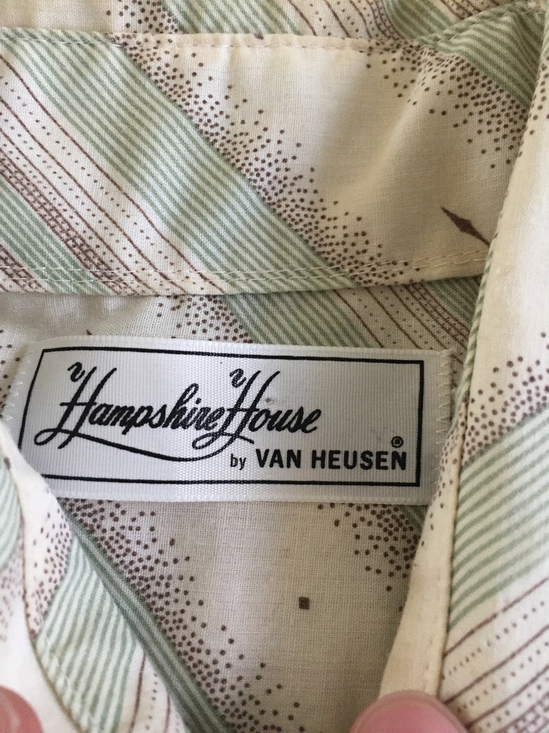 Vintage 70s Hampshire House Ban Heusen Brown Green Stripe Pattern Shirt Medium
