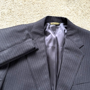 Vintage 80s Linett Ltd Blue Pinstripe Flannel Sack Suit 42-44, 38x32