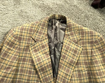 Vintage 70s Corbin Tan Green Plaid Tweed Sport Coat 40 Elbow Patch