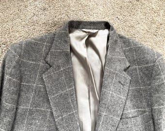 Vintage 80s Chappell's Gray White Windowpane Plaid Tweed Sport Coat 42R