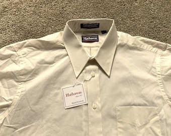 Camisa de vestir de paño blanco roto Hathaway vintage de stock muerto, talla 16-32
