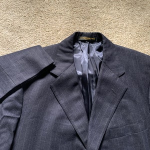 Vintage 80s H. Freeman Dark Blue Chalkstripe Flannel Sack Suit 42