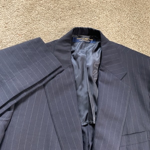 Vintage 80s 1987 Dated Brooks Brothers Own Make Dark Blue Pinstripe Sack Suit 42-44, 39x31