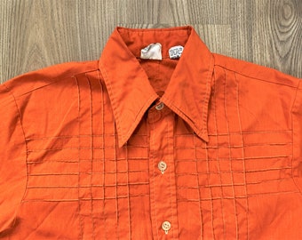 Vintage 70s Shirt Express Orange Quilt Pattern Shirt Medium