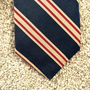 Vintage 80s Village Store Blue Tan Red Regimental Stripe Silk Repp Tie
