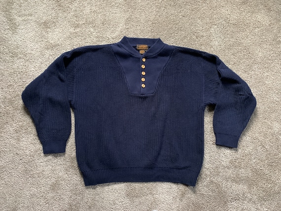 Vintage 80s Eddie Bauer Blue Henley Sweater XL - image 2