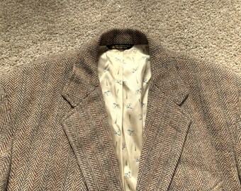 Vintage 80s Linett Ltd Brown Orange Green Striped Herringbone Tweed Sack Sport Coat 40