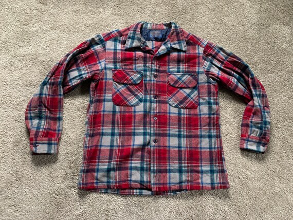 Vintage 80s Pendleton Red Gray Plaid Board Shirt … - image 2