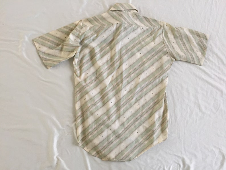 Vintage 70s Hampshire House Ban Heusen Brown Green Stripe Pattern Shirt Medium