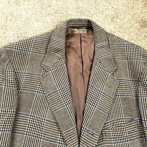 Vintage 60s 1967 Dated Brooks Brothers Special Order Cashmere Wool Blend Brown Blue Glen Plaid 3 Roll 2 Tweed Sack Sport Coat 42