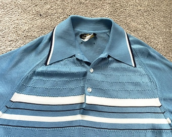 Vintage 70s Lazarus Blue Striped Mod Polo Shirt XL