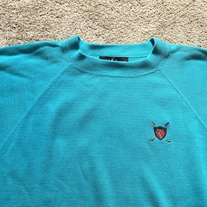 Vintage 90s Ralph Lauren Turquoise Polo Crest Crewneck Sweatshirt Medium