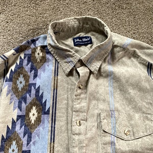 Vintage 90s John Blair Tan Blue Ikat Print Western Shirt Large