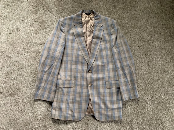 Vintage 70s Daks Tan Blue Plaid Sport Coat 42-44 - image 2