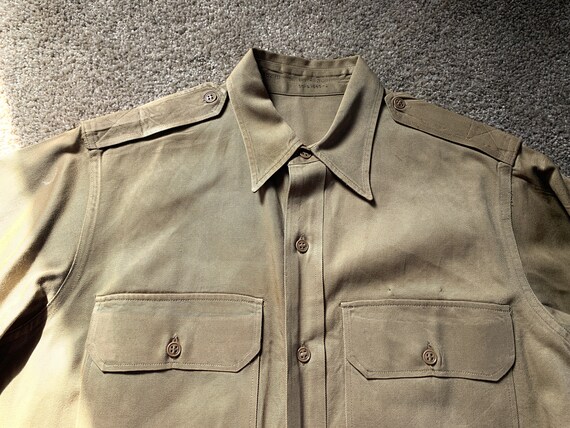 Vintage 40s Khaki Military Shirt World War 2 15 1… - image 1