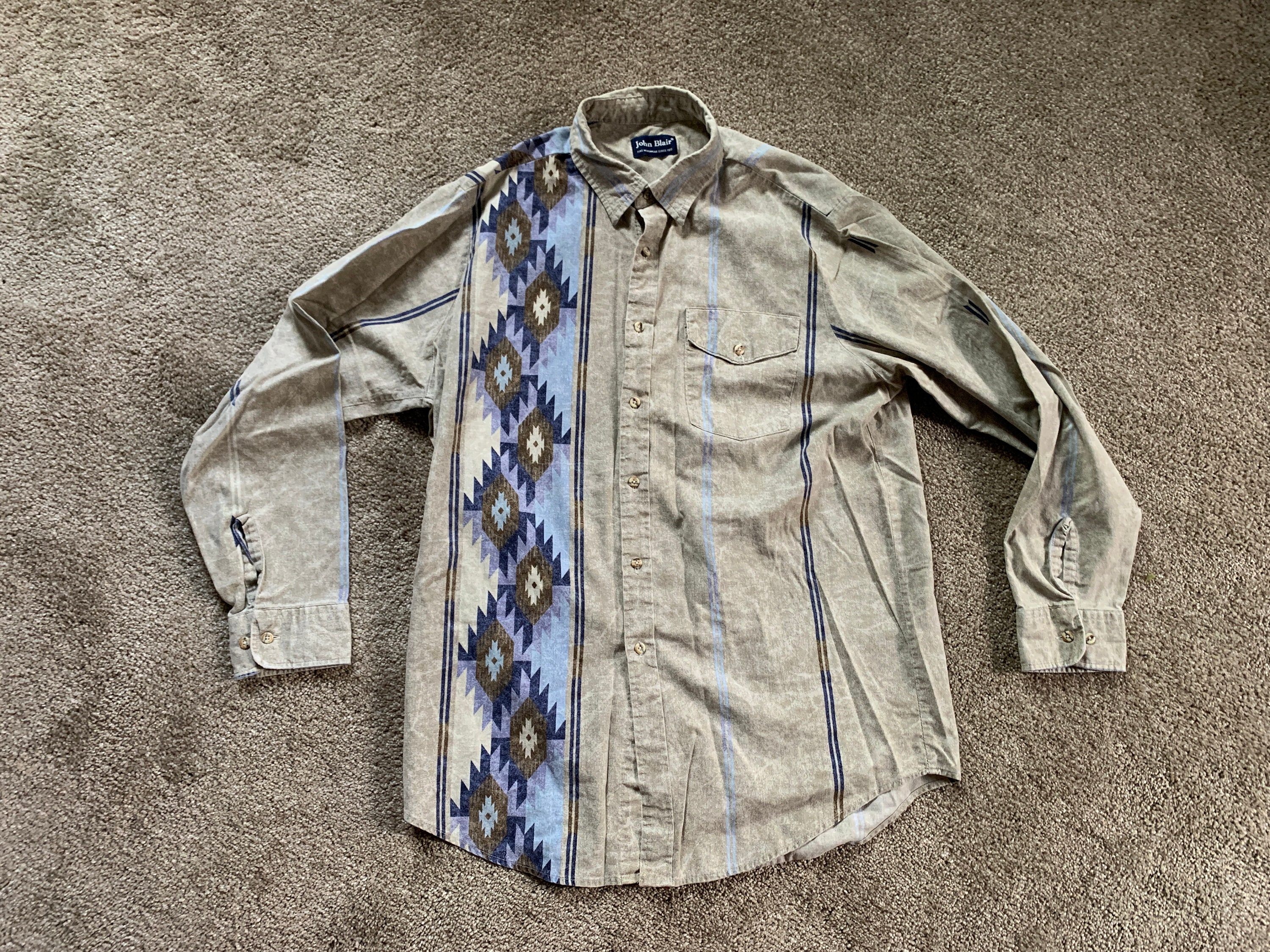Vintage 90s John Blair Tan Blue Ikat Print Western Shirt Large - Etsy