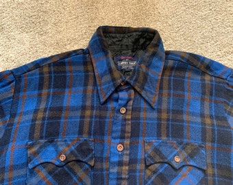 Vintage 70s Sears Country Touch Blue Plaid Flannel Shirt XL
