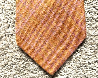 Vintage Drakes Orange Pink Plaid Silk Linen Blend Tie