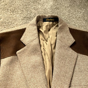 Vintage 80s Glenhusky Tan Suede Panel Pleated Pocket Tweed Sport Coat 44