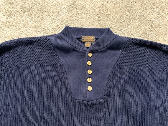 Vintage 80s Eddie Bauer Blue Henley Sweater XL - image 1