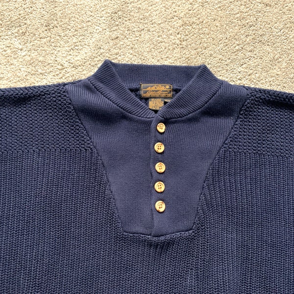 Vintage 80s Eddie Bauer Blue Henley Sweater XL