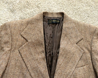 Vintage 70s Pierre Cardin Tan Blue Orange Striped Herringbone Tweed Sport Coat 40