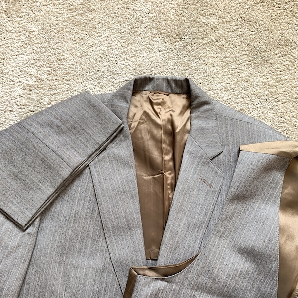 Vintage 80s Ralph Di Benedetto Gray Tan Herringbone Three Piece Suit