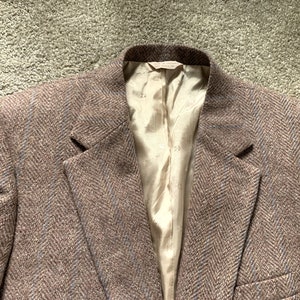 Vintage 80s Austin Manor Beige Blue Striped Herringbone Sport Coat 42R