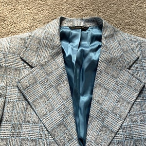 Vintage 70s Curlee Gray Blue Plaid Patterned Sport Coat 38