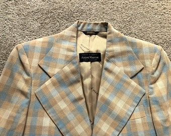 vintage 70s Andre Martin Blue Tan Plaid Sport Coat 34-36