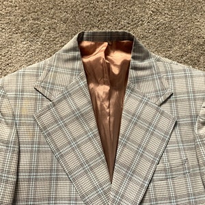 Vintage 70s Classic Collection White Gray Blue Plaid Sport Coat 37