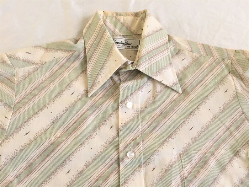 Vintage 70s Hampshire House Ban Heusen Brown Green Stripe Pattern Shirt Medium