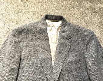 Vintage 80s Linett Ltd Gray Herringbone Tweed 3 Roll 2 Sack Sport