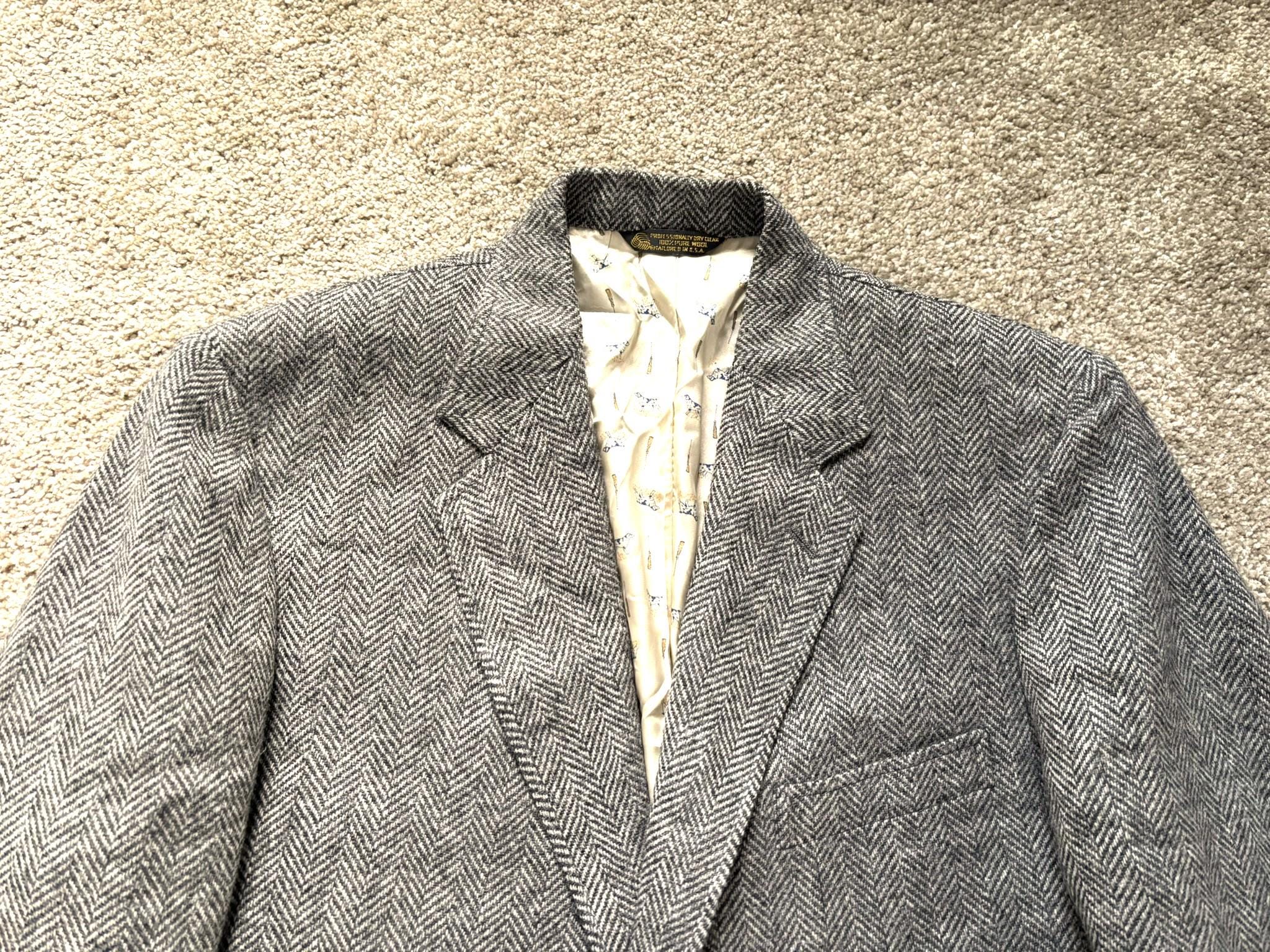 Vintage 80s Linett Ltd Gray Herringbone Tweed 3 Roll 2 Sack Sport