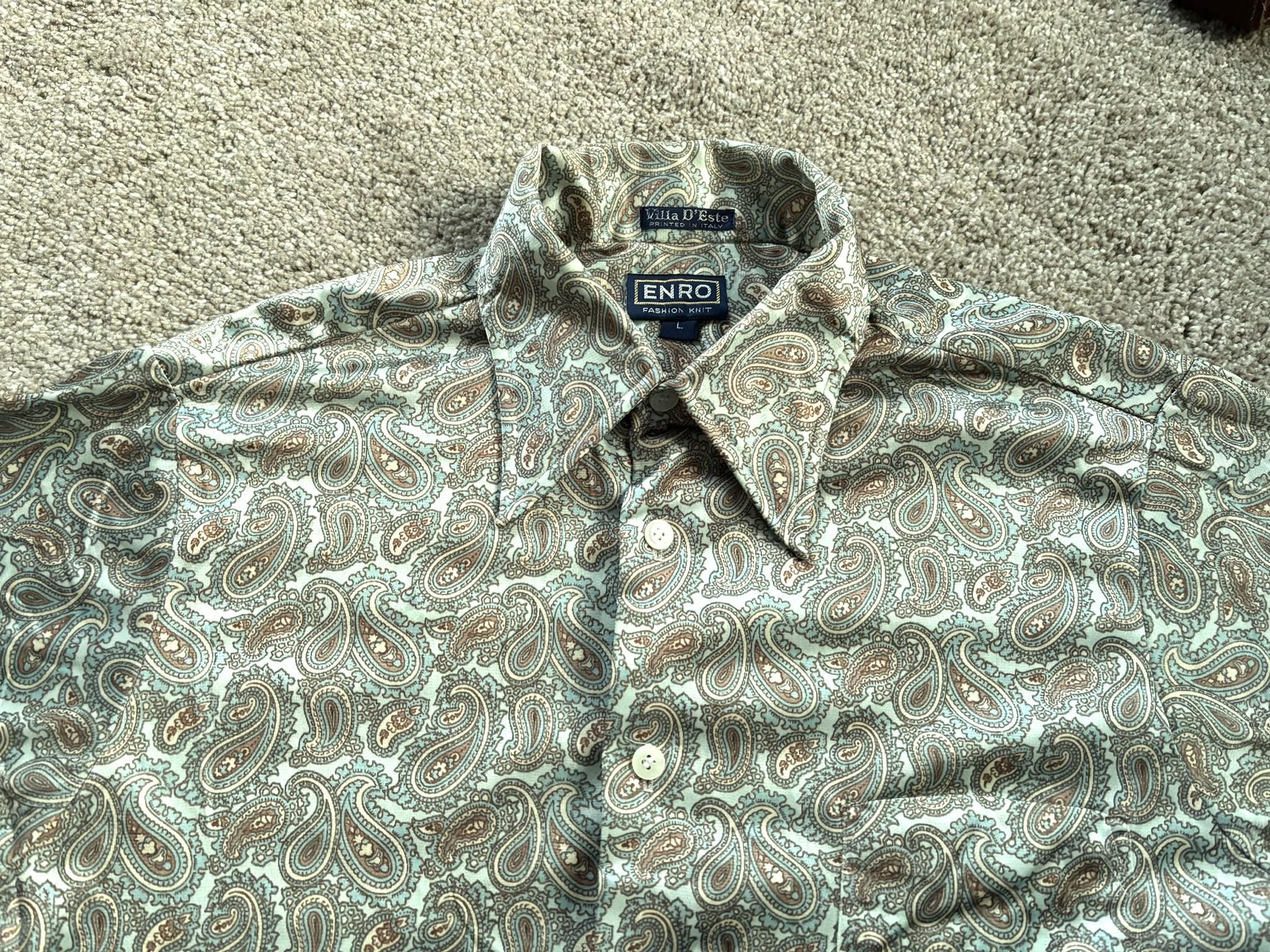 Vintage 70s Enro Teal Paisley Print Disco Shirt Large