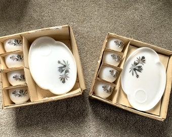 Vintage 50s Federal Patio Snack Set Milk Glass Floral Pattern