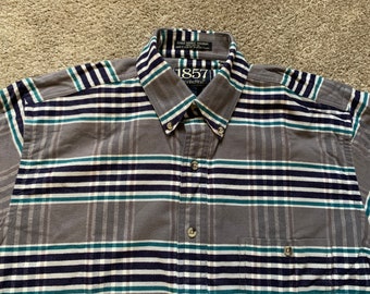 Vintage 60s Chandler Blue Black White Plaid Cotton Flannel Shirt