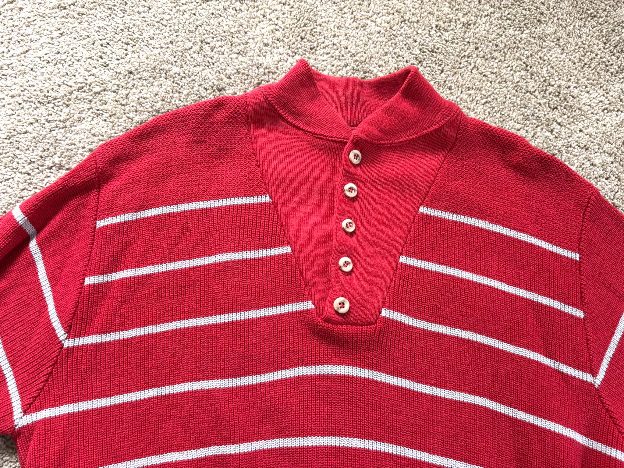 Vintage 80s Abercrombie & Fitch Red Gray Striped Henley Sweater