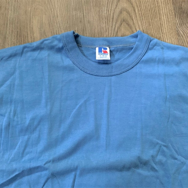 Deadstock Vintage 80s Russell Solid Blue T Shirt Medium