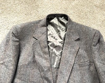 Vintage 80s Herringbone Tweed Sport Coat - Marine Blue Wool Blend