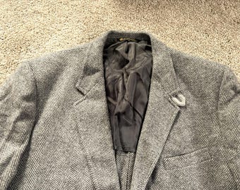 Vintage 80s Kingsridge Gray Herringbone Elbow Patch Tweed Sport Coat 48L