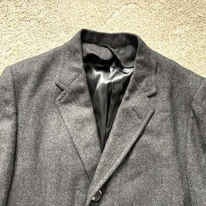 Vintage 60s Dark Gray Herringbone Tweed Sack Overcoat 40-42