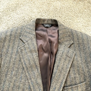 Vintage Southwick Beige Blau Schwarz Gestreift Tweed 3 Rolle 2 Sack Sport Mantel 43 Hoch